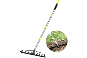 COOPVIVI Heavy Duty Garden Rake for Leaves - 17 Tine Metal Head & Adjustable Stainless Steel Handle, 17" Wide 5.58FT Yard Rake for Shrub Leveling/Grass Care