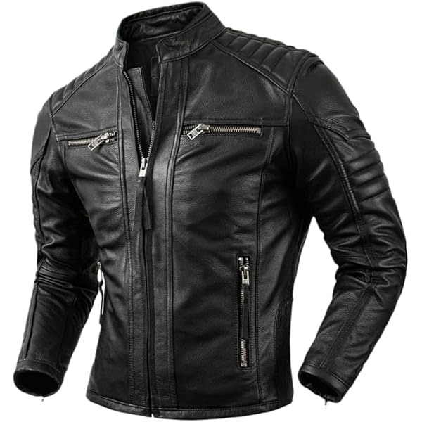 Men's Leather Biker Jacket, Multi-Zipper, Quilted Shoulders (US