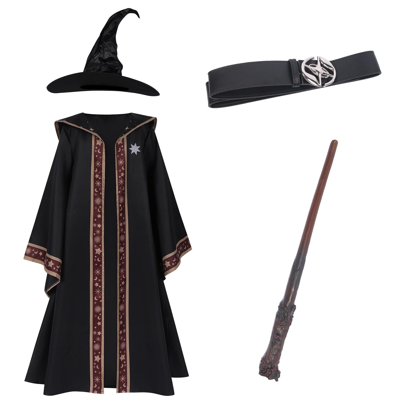 Photo 1 of Colorful House Child Dark Wizard Costume for Kids with Hat and Belt and Magic Wand Halloween Party Cosplay(S/6-8Y,Black)