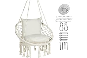 JoyView Macrame Chair Hanging Swing Chair Max 330 Lbs Hammock Chair with 2 Cushions and Hardware Kits Cotton Rope Chair for Indoor Outdoor Bedroom Patio Garden - Beige