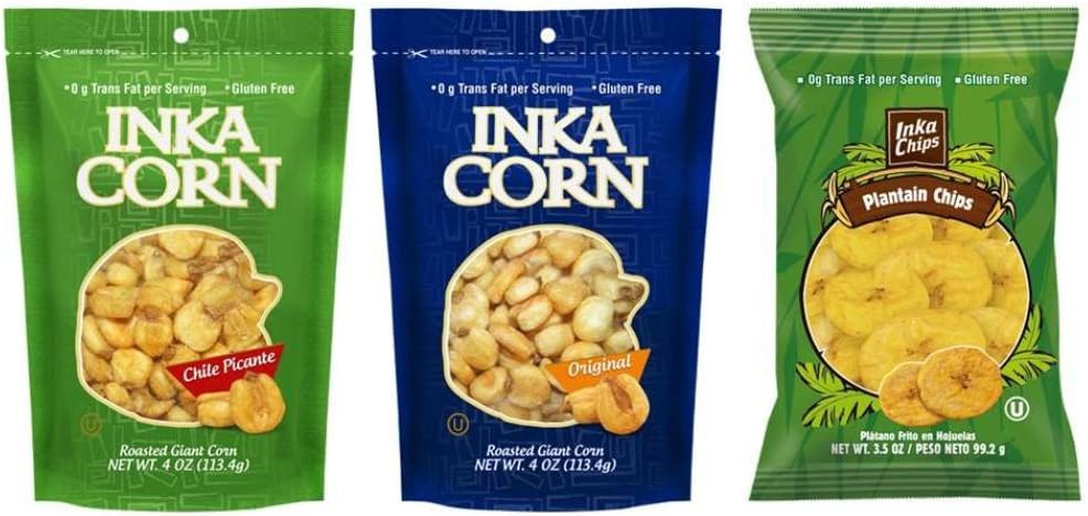 Inka Corn and Inka Chips Natural Snacks 3 Flavor 6 Bag Variety Bundle: (2) Chile Picante Roasted Giant Corn, (2) Original Roasted Giant Corn, and (2) Original Plantain Chips, 4 Oz. Ea. (6 Bags Total)