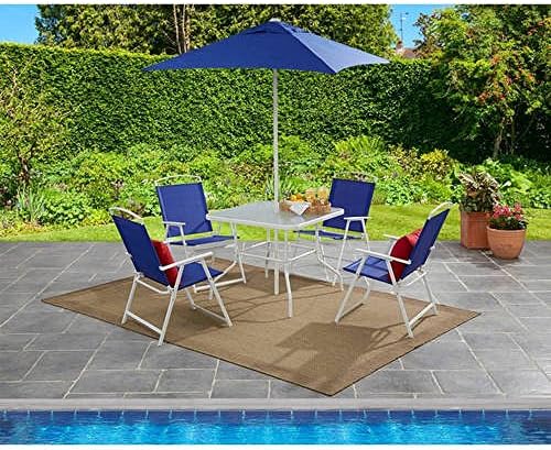 Mainstays Albany Lane 6-Piece Folding Dining Set (Includes Dining table, Folding chairs and Umbrella) (Blue)