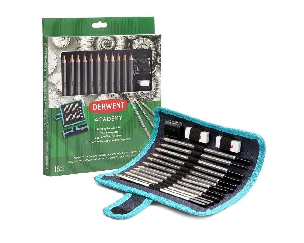 Derwent Academy Sketching Wrap Set, Drawing & Colouring, Set Of 16, Includes Sharpener & Eraser, Ideal For Sketching, Academy Quality, 2305682
