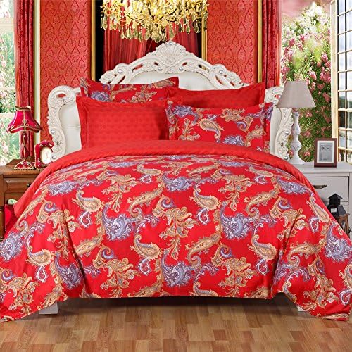 Duvet Cover Sets Queen 3 Piece 100% Egyptian Cotton Duvet Cover Set with 400 Thread Count, Eastern Style Red Paisley Bedding, Reversible Printing - by LANSIU