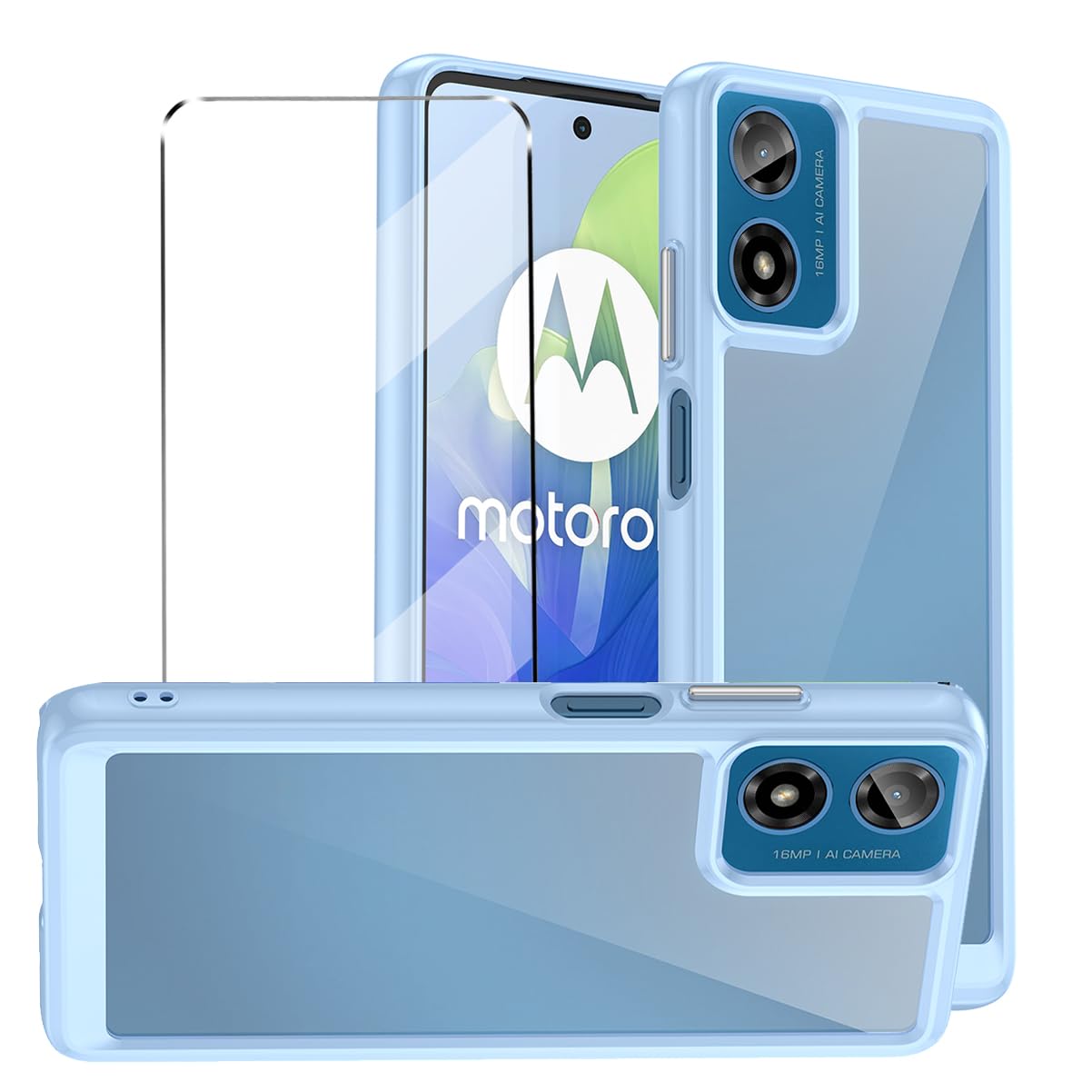 [2 in 1] Case For Motorola Moto E14/ G24 / G04 Cover with 1 Pack Tempered Glass Screen Protector for Motorola Moto E14/ G24 / G04, Slim Fit Soft TPU + PC Shockproof Anti-Scratch Phone Case - Blue