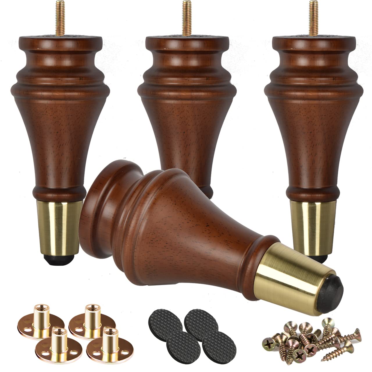 Btowin 7 Inch / 18cm Solid Wood Furniture Legs, 4Pcs Walnut Mid-Century Modern Wooden with Cover Replacement Feet with Threaded M8 Hanger Bolts & Mounting Plate & Screws for Sofa Couch Cabinet