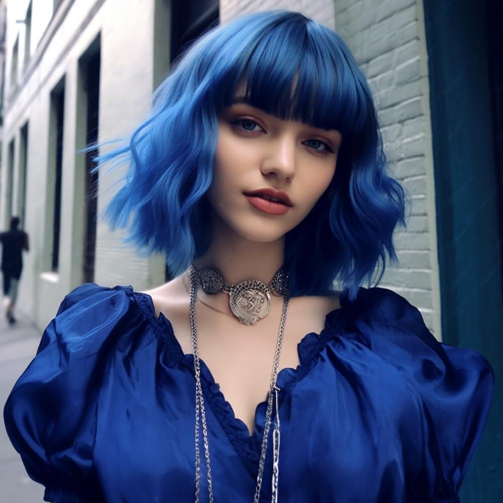 CoCrowns Short Wavy Wig with Air Bangs Shoulder Length Women's Short Bob Curly Wavy Black Synthetic Wig Soft Hair (Ombre Blue)