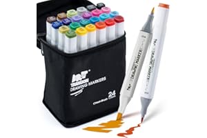 TRANSON Alcohol Markers for Drawing Coloring 24 Colors Dual-tip Brush and Chisel Tips