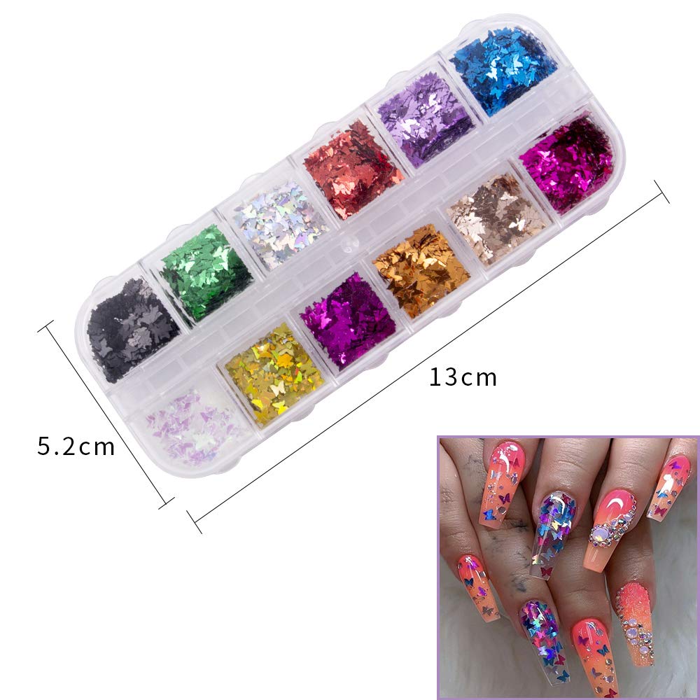 24 Color/Set 3D Butterfly Nail Glitter Sequins, Kalolary Laser Butterfly Nail Sequin Flake Acrylic Manicure Paillettes Face Body Lip Glitters for Nail Art Decoration & DIY Crafting: Beauty