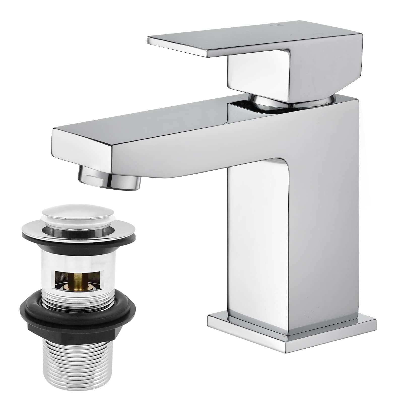 BATHWEST Square Basin Mixer Tap with Drain,Brass Bathroom Sink Taps with Pop-Up Waste,Chromed Monobloc Ceramic Cartridge Five-Layer Shielding Bathroom Taps with Sink Plug 492MCR