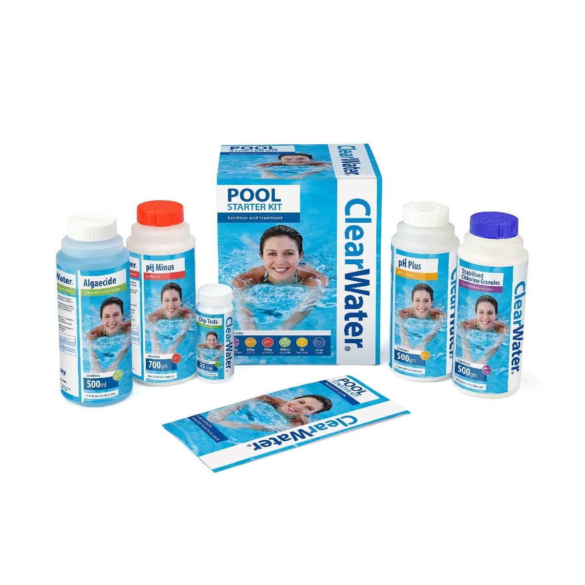 Clearwater Pool Chemical Starter Kit for Above Ground Pool and Paddling Pool Water Treatment (Includes Chlorine, pH Minus, pH Plus, Algaecide and Test Strips)