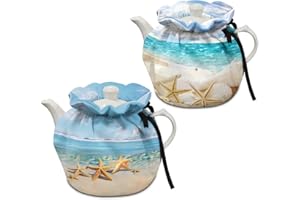 Freewander Tea Kettle Cover Cotton Tea Cosy Kitchen Tea Pot Dust Cover Breakfast Warmer Insulation and Keep Warm 2 Piece Sets for Home,Beach Starfish Print