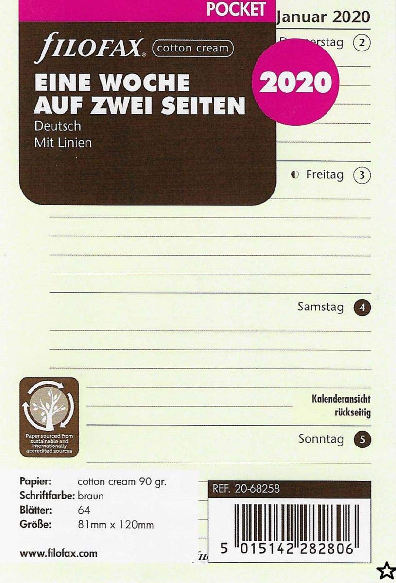 Filofax Calendar Insert Pocket 1 Week on 2 Pages Cotton Cream (German) 2020, 000020-68258