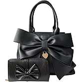 Rullar Women 2Pcs Handbag Set Bow-Knot Satchel Top-handle Crossbody Bag Tote Wallet Purse with Heart Pendant Black