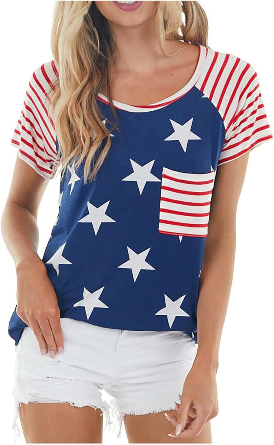 Women's 4th of July Blouses Short Sleeve Striped Raglan Sleeve Soft Tunic Shirts Summer 