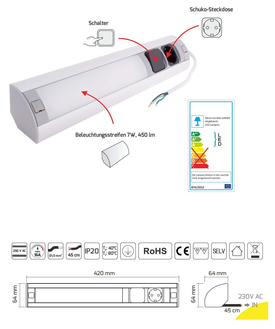LED Aluminium Unterbauleuchte mit Steckdose + Schalter - 7W 450lm