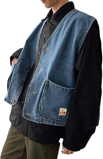 Amazon Zhongjue ジュージェン デニムベスト メンズ ゆったり ノースリーブ ファッション 無地 ポケット付き チョッキ ストリート系 春 ベスト 通販