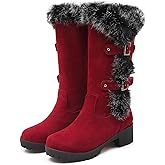 DEVILEYEZE Women's Mid-Calf Winter Platform Hidden Wedge Boots Slip-on Thick Rabbit Fur Collar Warm Waterproof Stretch Leather Non-slip Snow Boot