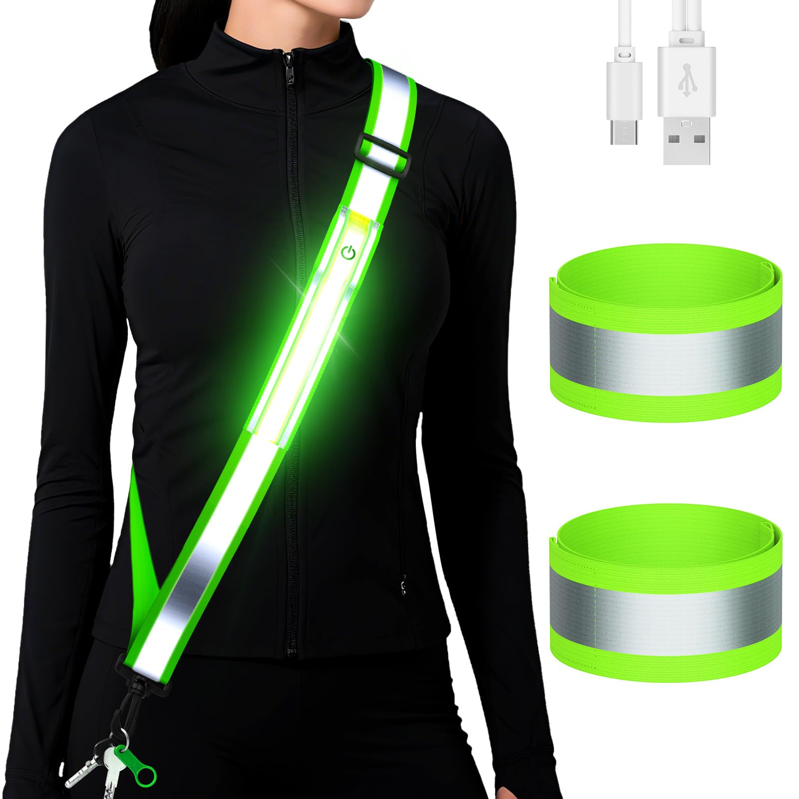 LED Reflective Running Gear High Visibility Reflective Belt Sash with Armband for Walking at Night,Adjustable Running Safety Gear Light Up Running Belt for Runners Walkers Men Women (Green)