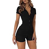 LilyCoco Womens Button Up Bodycon Romper Shorts Short Sleeve Collared Sexy One Piece