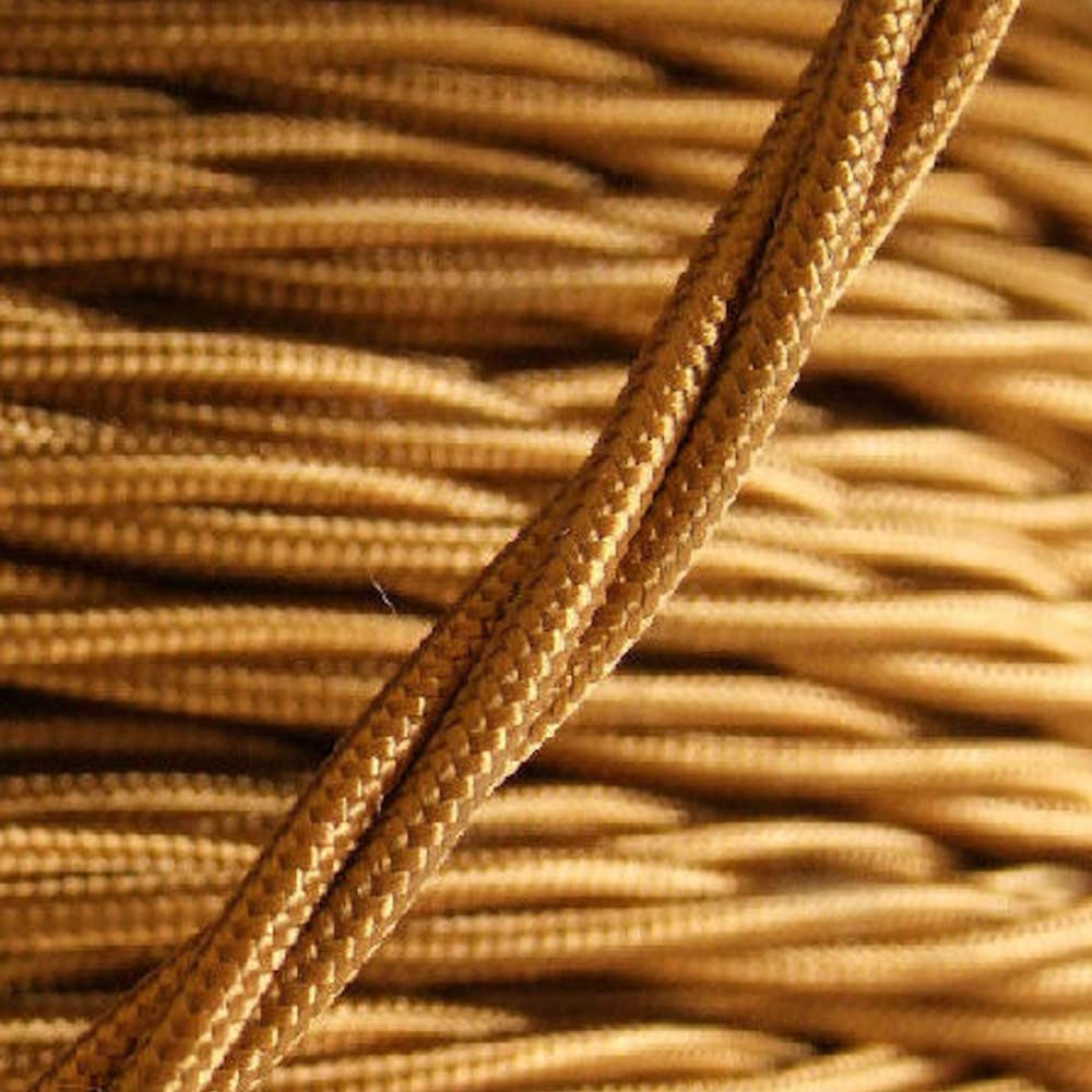 PRE-CUT 3 Meter Length Vintage Styled British Antique Gold Coloured Cloth Covered Braided Twist Flex - Electric Cable 3 Core; Electrical Wire 3Amp; Lighting Flex 0.50mm