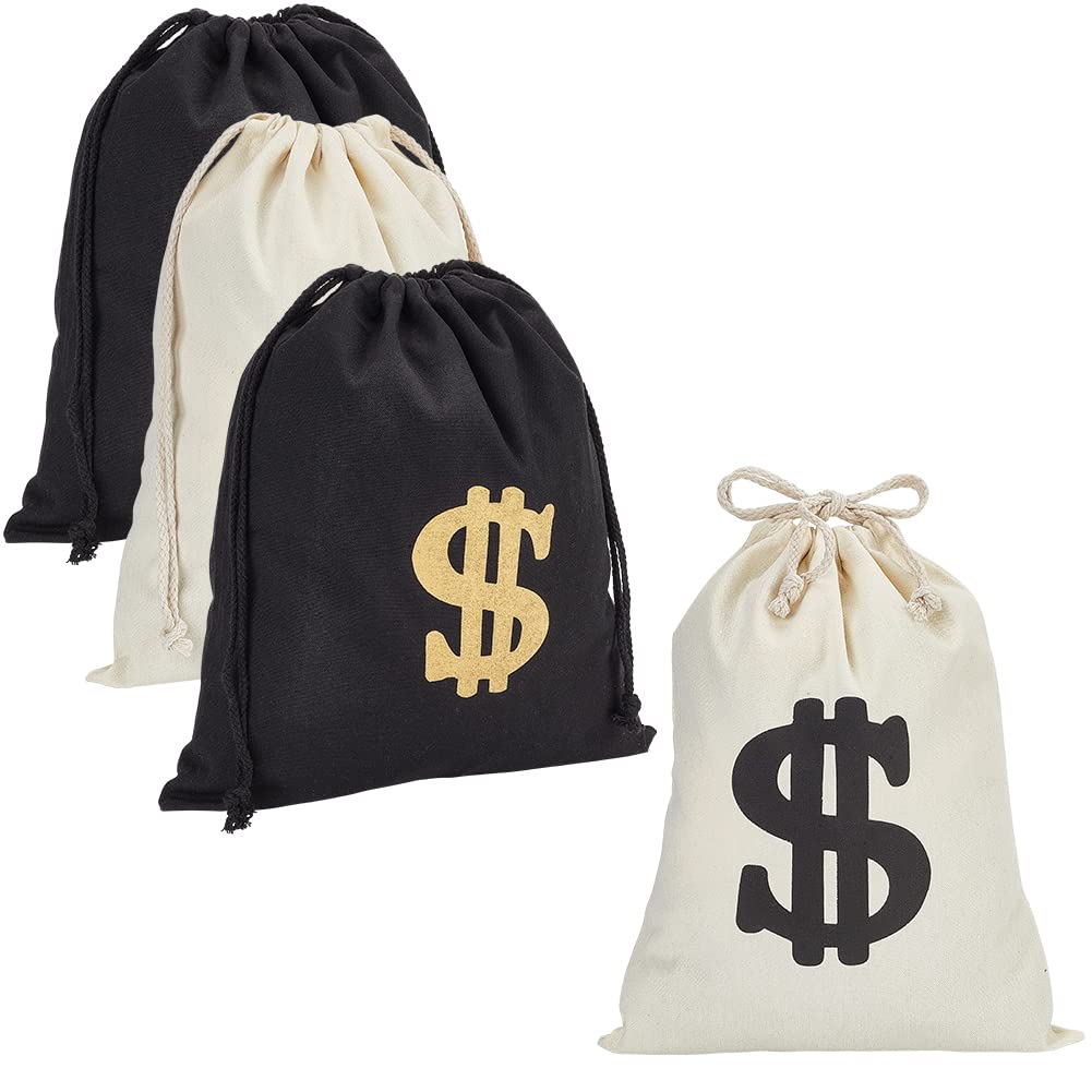 NBEADS 4 Pcs 2 Sizes Canvas Large Money Bag, 2 Colors Dollar Sign Money Bag Canvas Drawstring Bag Canvas Coin Bag Cloth Pouch with Drawstring Closure for Jewelry Cosplay Theme Halloween Party Favors
