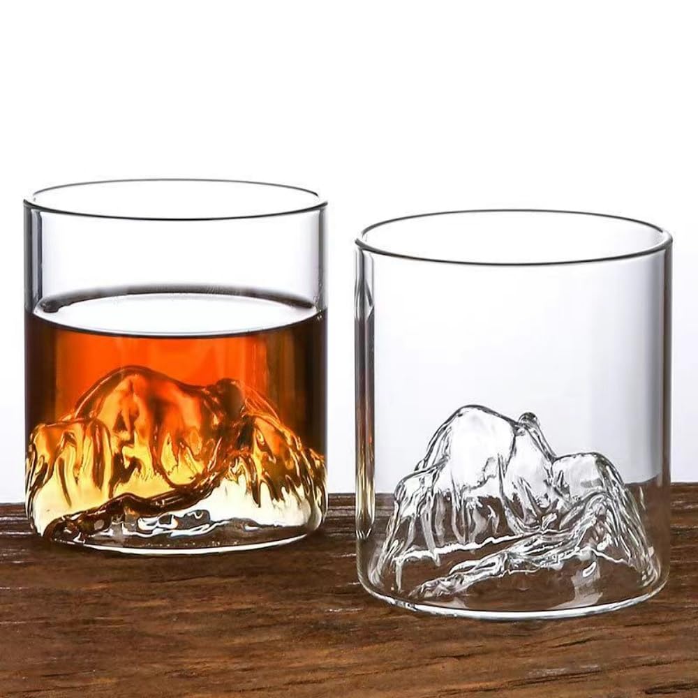 RYHMHA Japanese Fujiyama Whiskey Crystal Glasses 2 Pcs Set, 12 oz Glasses for Whiskey, Cognac, Scotch, Cocktail, Rum, Beer (Clear)