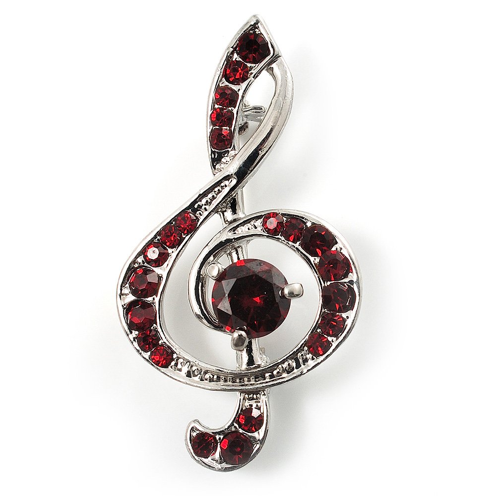Silver Tone Crystal Music Treble Clef Brooch (Burgundy Red)
