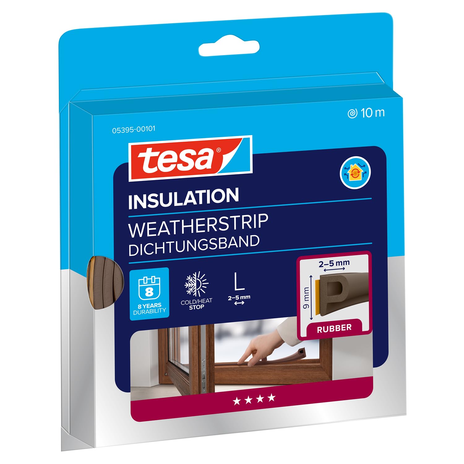 tesamoll P-Profile Seal - Self Adhesive Rubber Draught Excluder for Insulating Gaps in Windows and Doors - Brown - 10 m x 9 mm x 5.5 mm