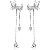 S925 Sterling Silver Butterfly Tassel Earrings Long Drop Dangle Delicate Earrings Jewelry for Women