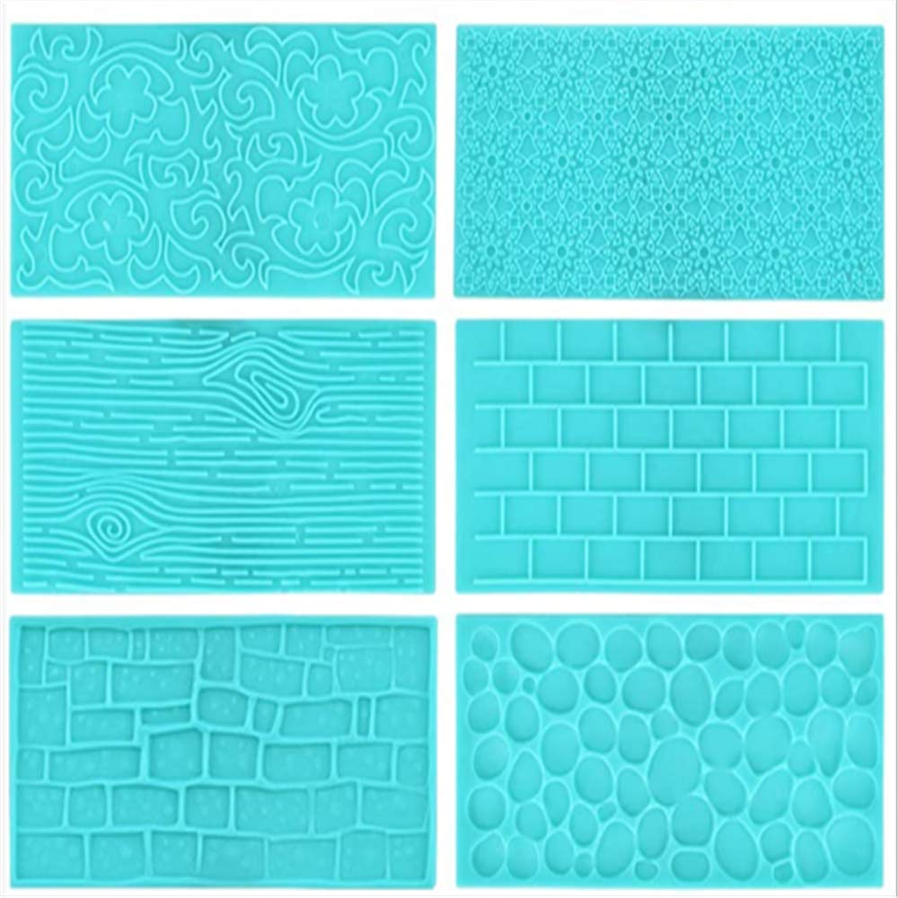 6 Pcs Fondant Impression Mat Embossed Icing Moulds Plastic Embossed Icing Moulds Kits Stone Wall Bark City Wall Sun Flower Impression Mold Fondant Cake for Cake Edging Cupcakes and Biscuits