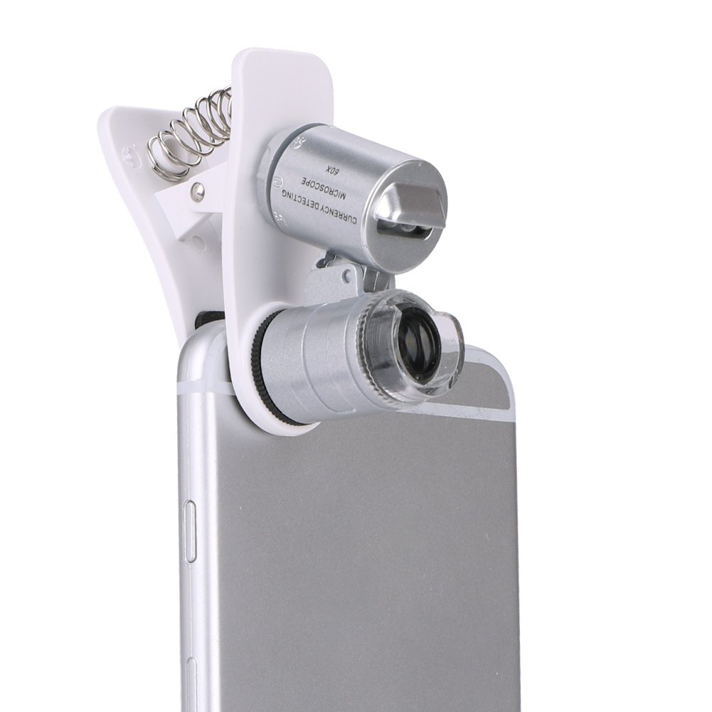 60X Zoom LED Clip-on Microscope Magnifier Optical Jewelry Loupe Mini Magnifying Glass with UV LED and Micro Lens for Mobile Phone Jewelry Antiques Crafts