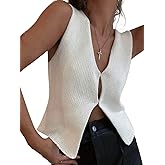 Fernvia Women's V Neck Sleeveless Button Down Crochet Vest Top