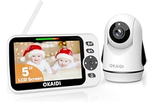 OKAIDI Video Baby Monitor with Camera and Audio, 5" Display Baby Monitor No WiFi, 30H Battery and 1000ft Range, Remote Pan-Tilt-Zoom Baby Camera, Night Vision, 2-Way Talk, ECO, Temperature, Lullaby