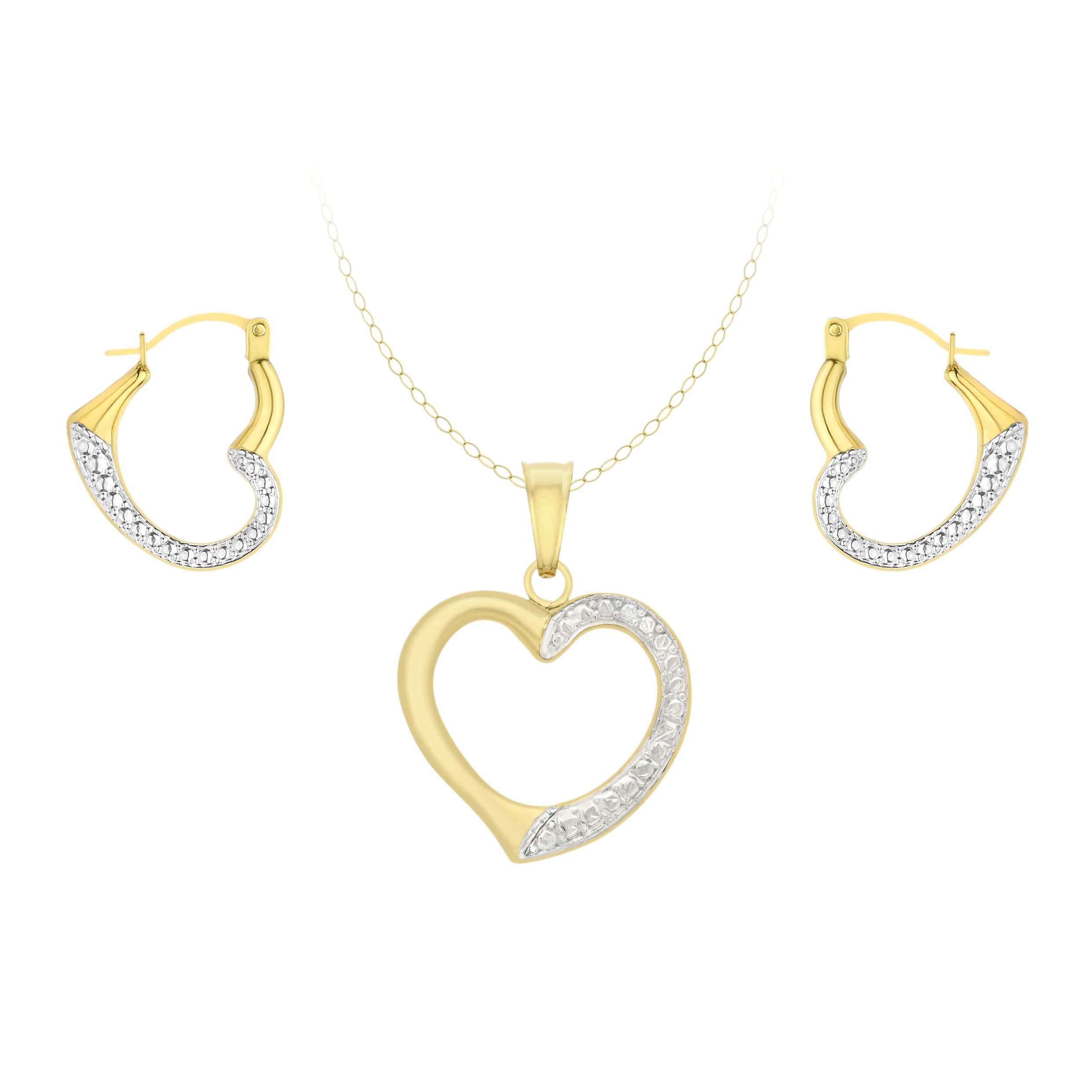 Carissima Gold Women's 9ct 2 Colour Gold Open Heart Earrings and Pendant on Trace Chain Necklace of 46cm/18"