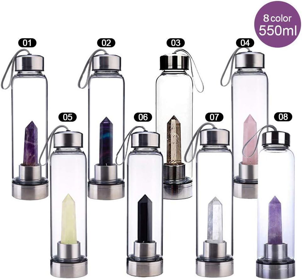 siruipu 2019 Crystal Glass Water Bottle, Water Bottle with Gemstone Center Crystal Elixir Bottle with Natural Crystal Point Healing Obelisk Wand Energy Cup, 1 Pack, Obsidian+Bottle