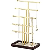 Leijosya modern T-shaped jewelry rack, jewelry tower, gold metal, square ceramic base decoration display tower, necklace, bracelet, ring storage rack (4-layer wooden plate in beige color)