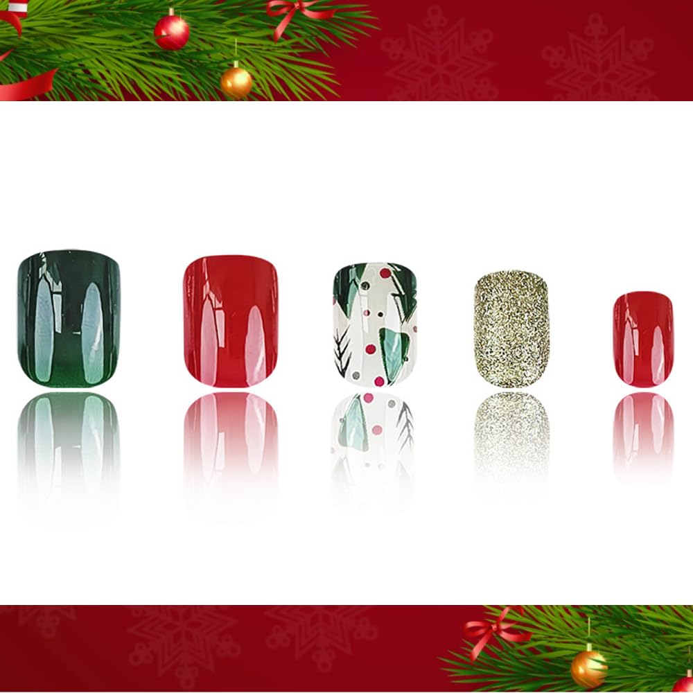 Christmas Press on Nails Short Square False Nails Red Green Fake Nails with Christmas Tree Design Glitter Artificial Nails Acrylic Glue on Nails Short Acrylic Nails Christmas Stick on Nails for Women - Image 5