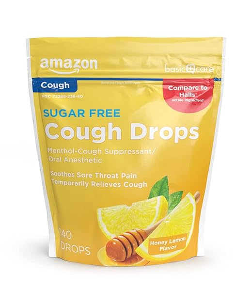 AMAZON BASIC CARE SUGAR FREE HONEY LEMON COUGH DROPS FOR SORE THROAT RELIEF, SOOTHES COUGH, 140 COUNT (COMPARE TO HALLS)