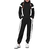 Zaclotre Girl's 2 Piece Outfits Zip Up Sweatsuit Contrast Striped Sweatshirt Sweatpant Sets Jogging Track Suit
