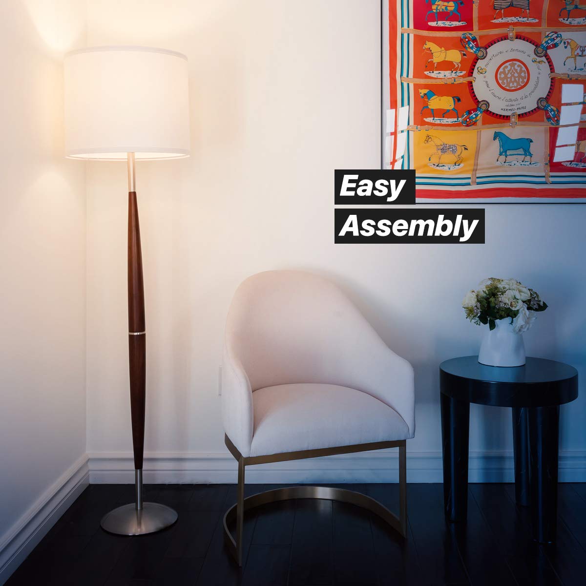 Brightech Lucas LED Floor Lamp, Modern Light for Living Rooms & Offices, Great Living Room Décor with Drum Shade & Handsome Wood Finish, Bohemian Standing Lamp for Bedroom Reading