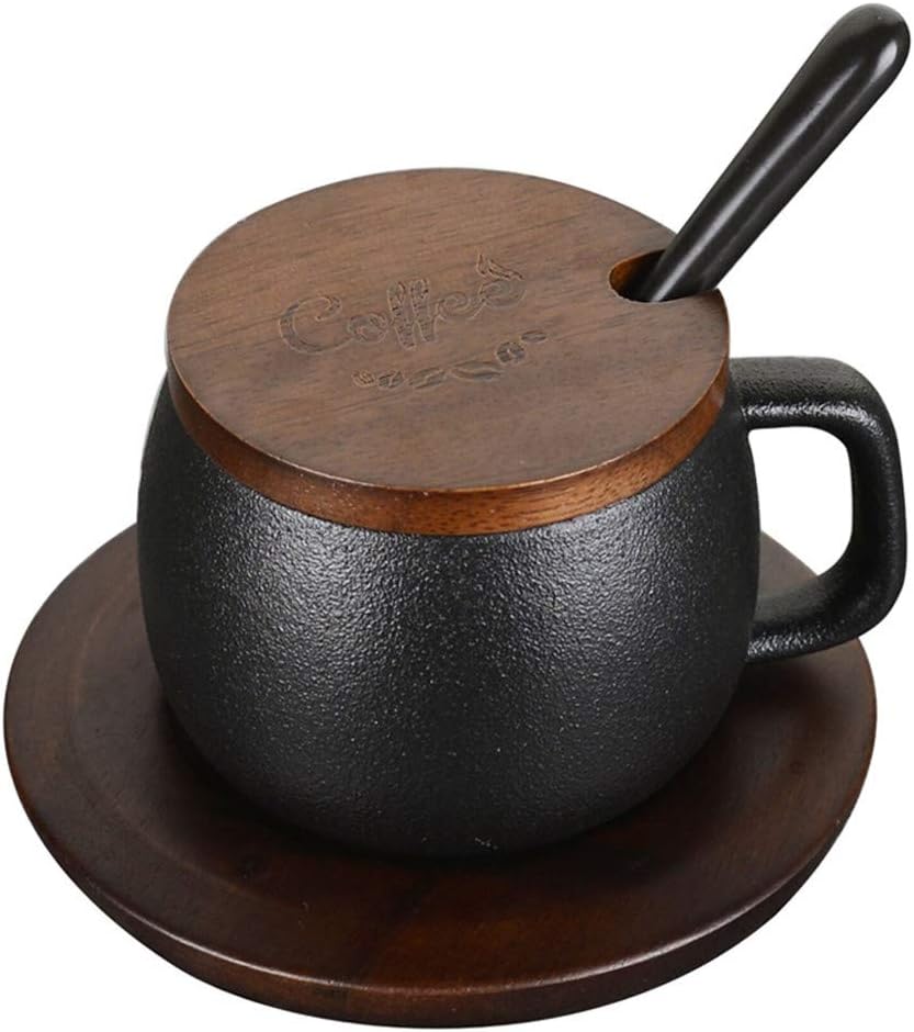 XINJIAHE Coffee Cup Stoneware Ceramic Scrub Cup with Lid Spoon and Wood Base Creative Matte Simple Large Capacity Ceramic Cup -Black