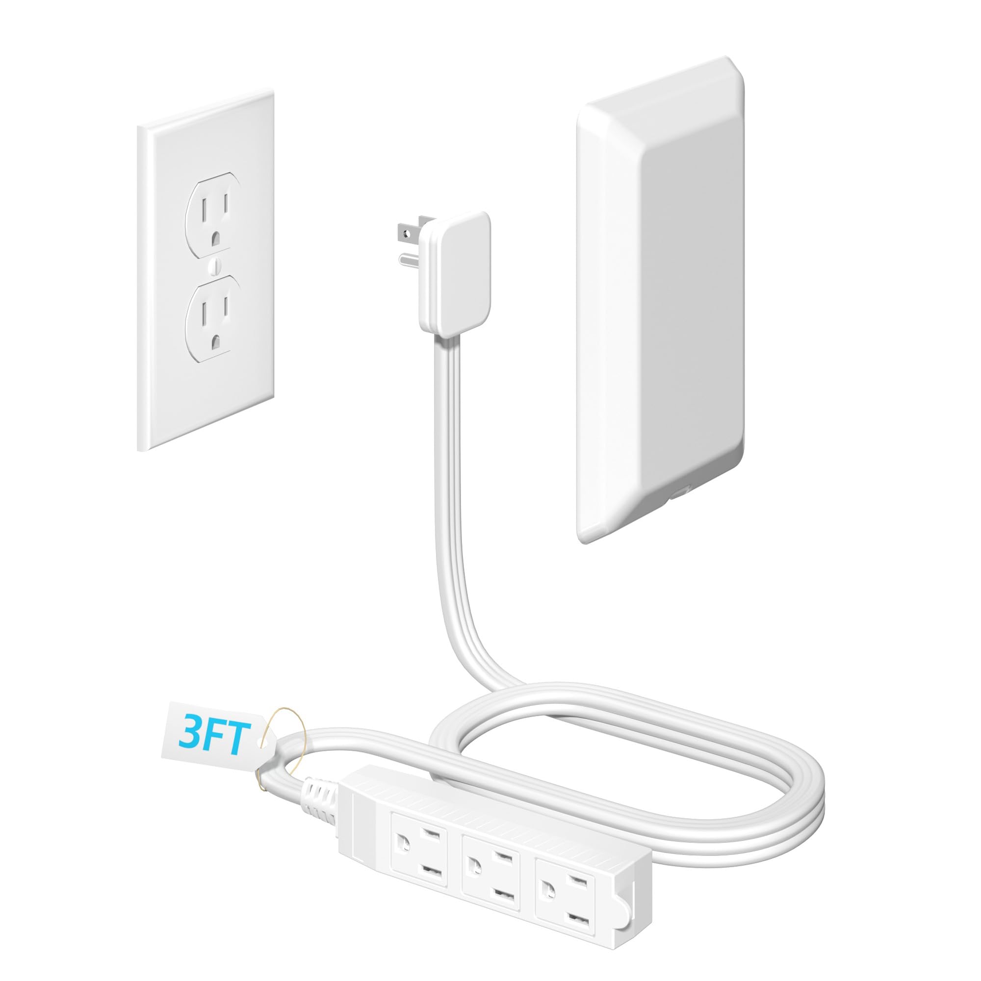 Photo 1 of 3FT Flat Plug Extension Cord with Outlet Covers Baby Proofing,Ultra Thin Outlet Concealer with Cord Concealer Kit,3 Outlet Power Strip,13A 125V 1625W,Universal Size for Home,Kitchen,ETL Listed,White