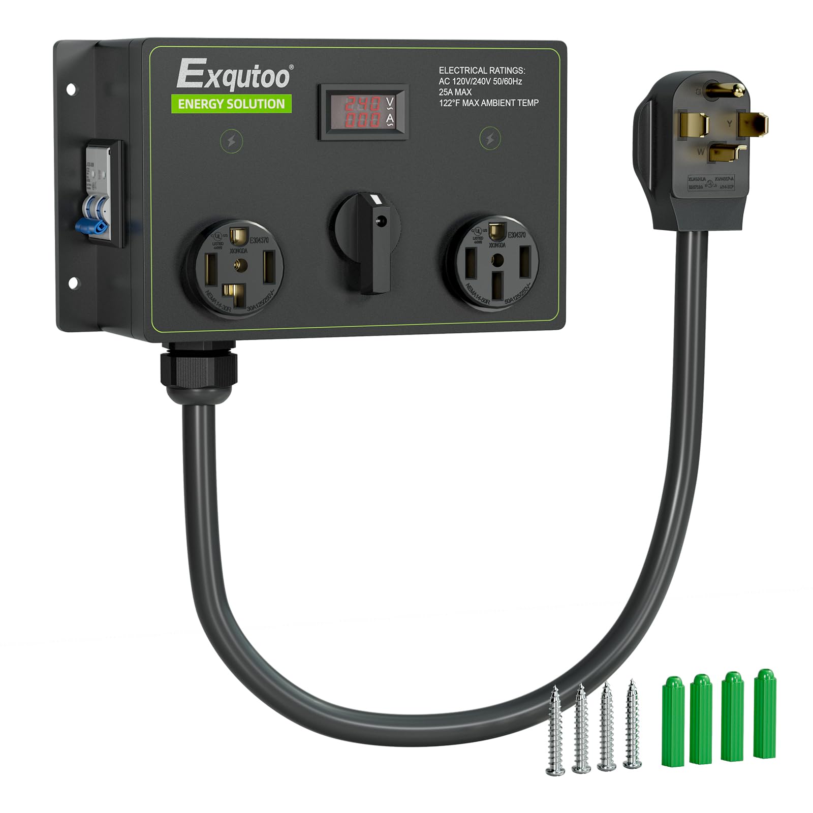 Photo 1 of Exqutoo Manual Splitter Switch, NEMA14-30P to 14-30R &14-50R Knob Selection Charging Switch with Breaker, Ideal for EVs, Ovens, Dishwashers, 120/240VAC