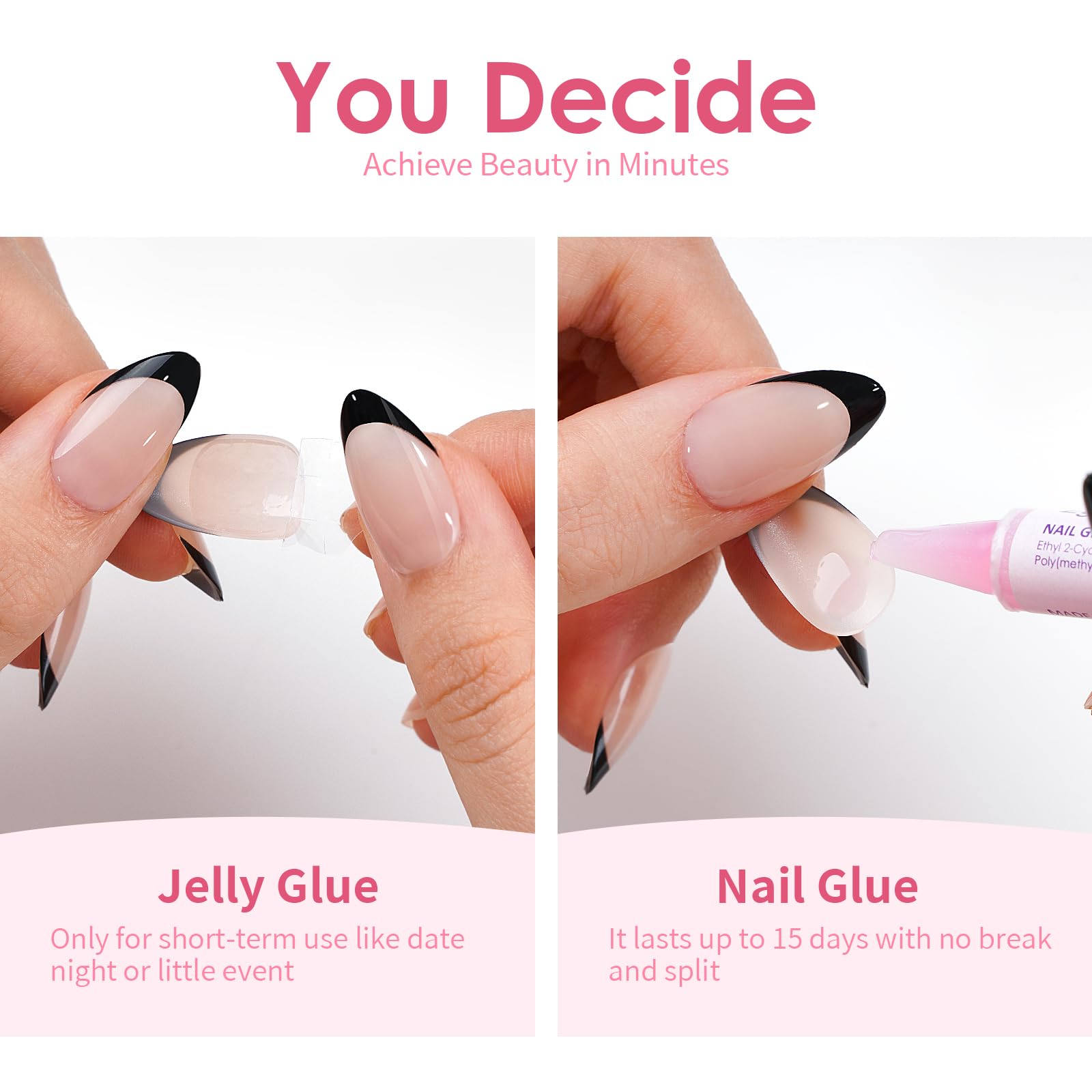 Canvalite French Tip Press On Nails, 30Pcs Short Almond Press on Nails Reusable Acrylic Fake Nails with Glue & Glue Remover Easy to Use Manicure Kit for Women, Black - Image 5