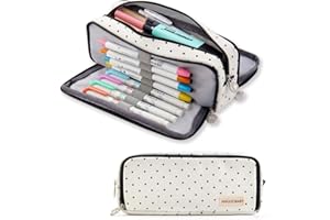 ANGOOBABY Large Pencil Case Big Capacity 3 Compartments Canvas Pencil Pouch for Teen Boys Girls School Students (Black Dot)