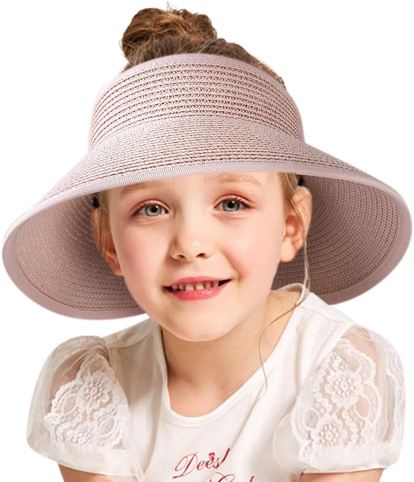 Sun Visor Kids Straw Hat Wide Brim Roll Up Summer Toddler Beach Hats Boy Girl Pink