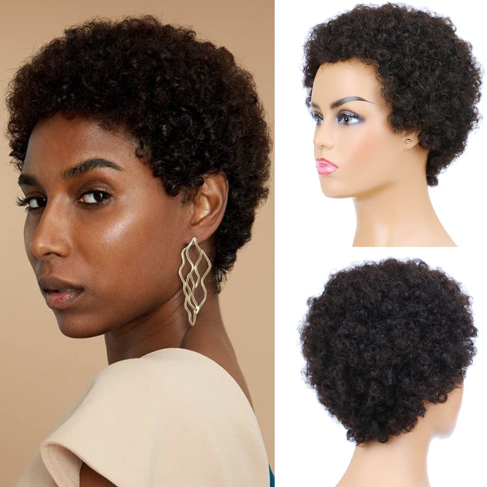 Photo 1 of Afro Kinky Curly Human Hair Short Wigs for Women, Full and Fluffy Machine Made Wig Human Hair Pixie Cut Natural Looking Glueless Hair Replacement Wig Black Color (Afro)