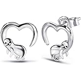 Sloth Stud Earrings for Girls - Sterling Silver Cute Animal Earrings for Teens Hypoallergenic Love Heart Earrings for Women for Sensitive Ears Heart-Shaped Sloth Post Earrings Gift for Valentine's Day