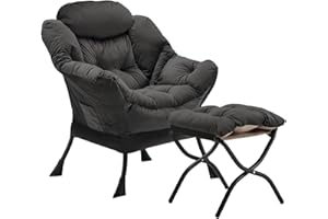 Youtanic Lazy Chair with Folding Ottoman, Accent Chair Velvet Upholstered with Metal Structure and Non-Slip Pads, Sofa Armchair with Footrest and Side Storage Bag for Dorm, Office, Charcoal
